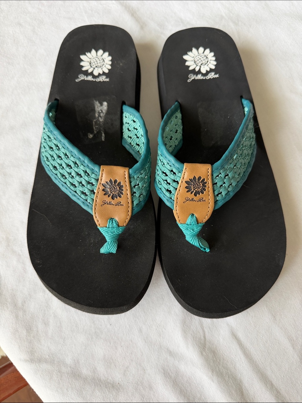 Yellow Box Teal Woven Thong Sandals with Tan Accent
